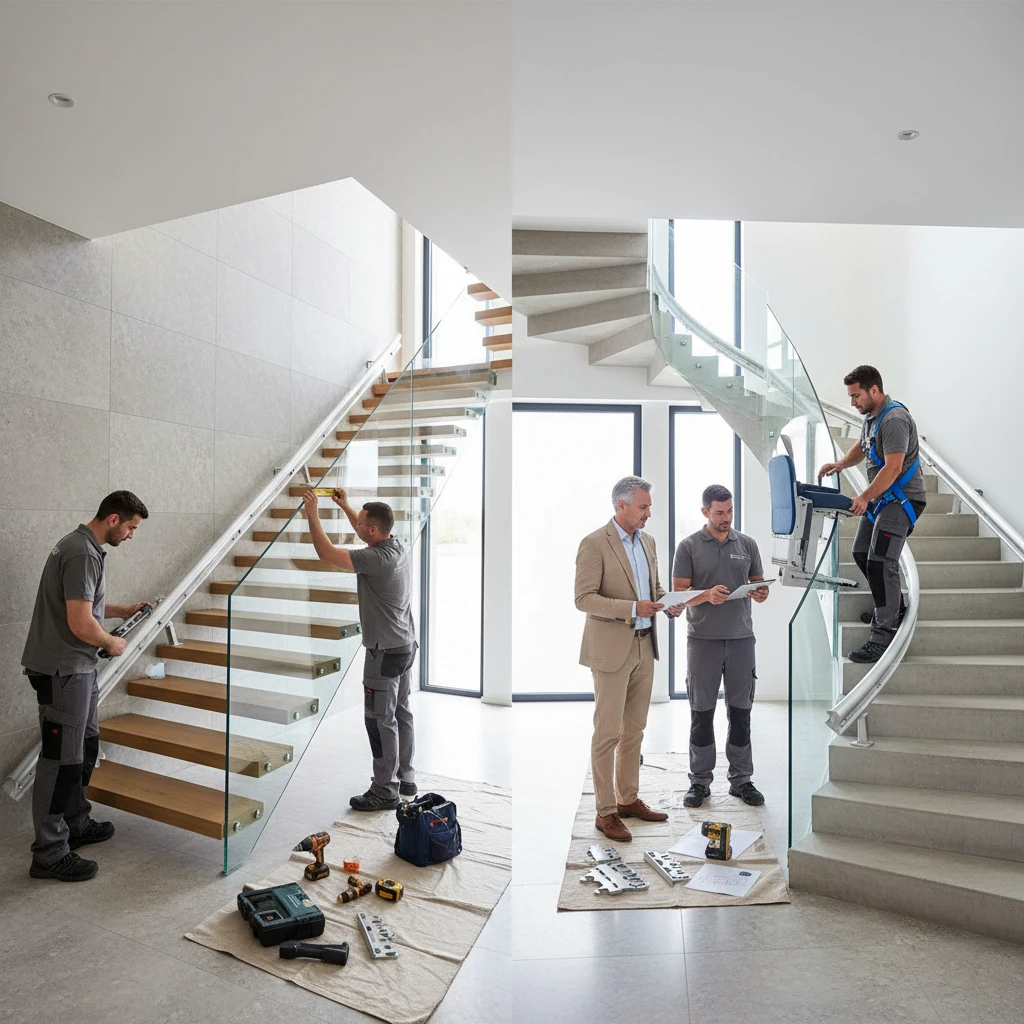 how stair lift installation works showing rail and chair setup on staircase in a residential home